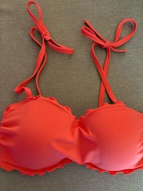 Shade & Shore Coral Red Ruffle Trim Bikini Top - SIZE 34 DD